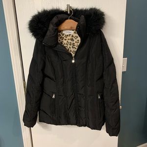 Black waist length winter coat with furry hood
